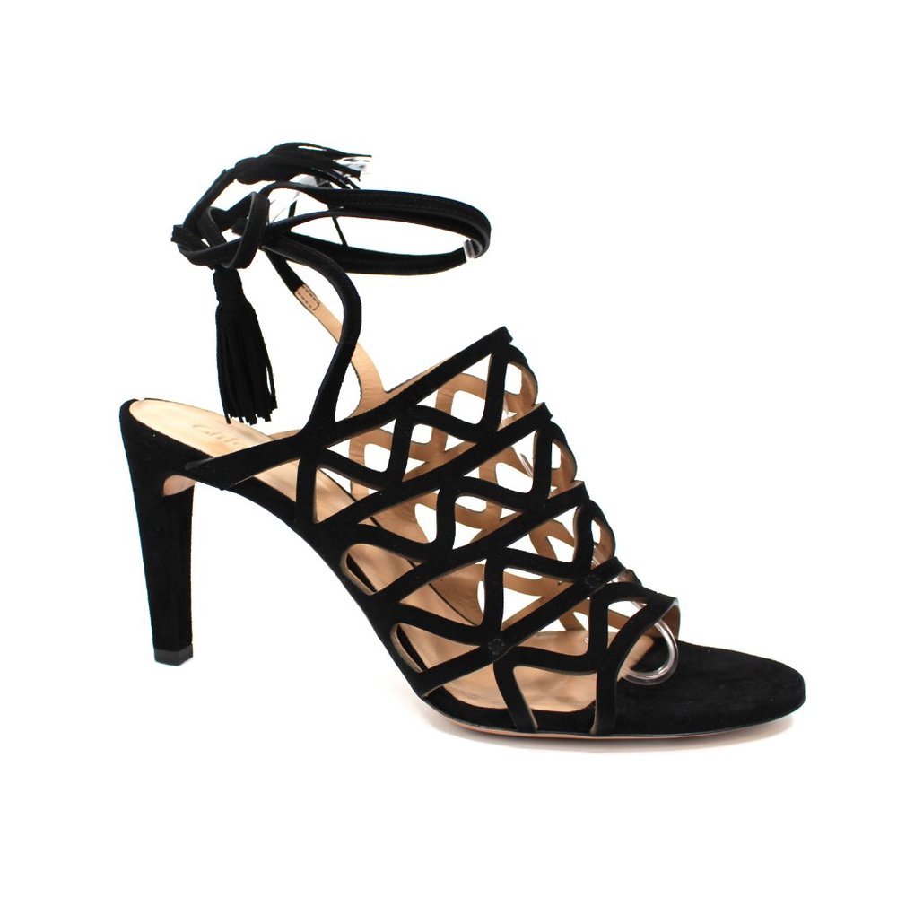 Chloè Kendal Black Suede Caged Cut-Out Heeled Tassel Tie Ankle Sandals 41 Heels